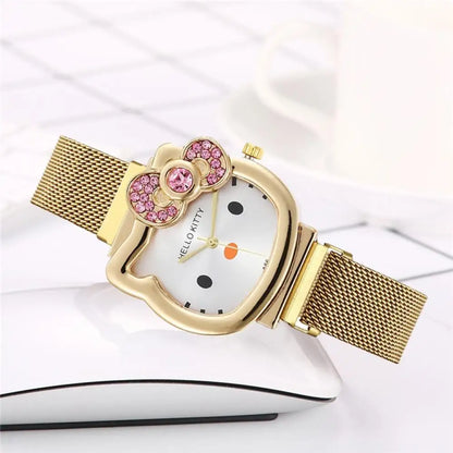 Gold or Silver Metal Ladies Kawaii Pink Hello Kitty Rhinestone Watch