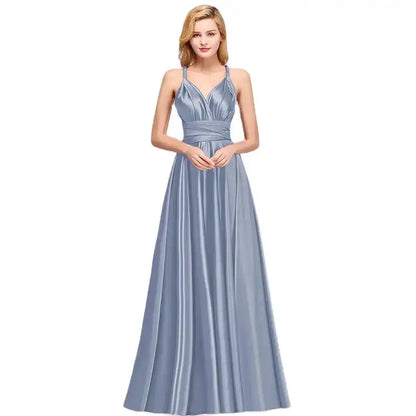 Bridesmaid Dress - Convertible Gown in grey-blue with halter V neckline and sleeveless design. Floor-length multiway wrap style for formal events.