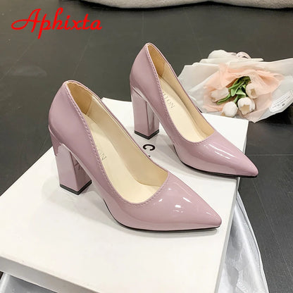 Women's Patent Leather 10cm Square Heel Shoes by Aphixta - Extended Sizes 31-50