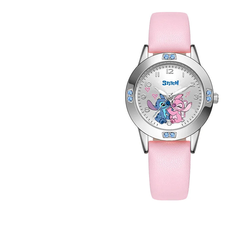 Watch with pink strap and character design on a white background