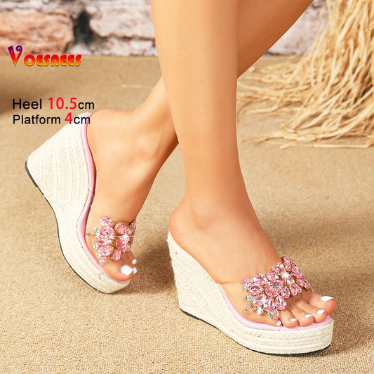 Summer Women Rhinestone Shoes 10.5CM Hemp rope Platform High Heels Wedges - Just The Fly Way
