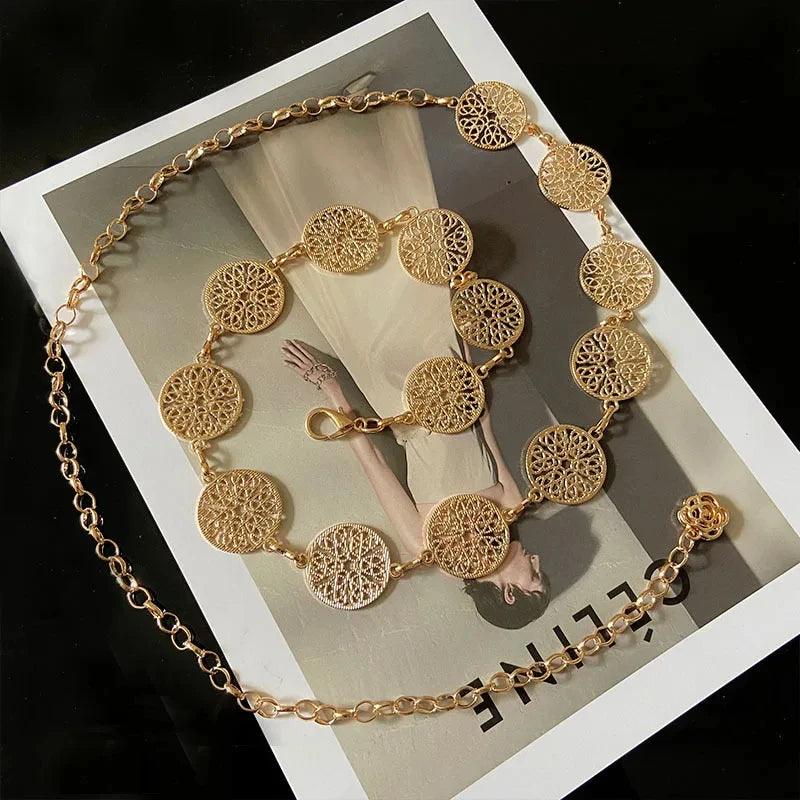 Elegant Retro Round Metal Belt, Gold or Silver Hollow Out Chain Belt Accessories - Just The Fly Way