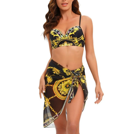 Three Piece Push Up Bikini Set, Black Gold Swimsuit with Skirt Cover Up - Just The Fly Way