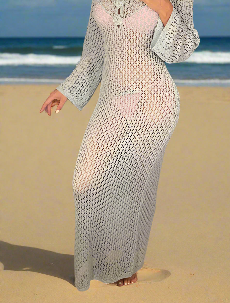 Stylish Crochet Knit Bikini Cover Up – Long Sleeve V Neck Design - Just The Fly Way
