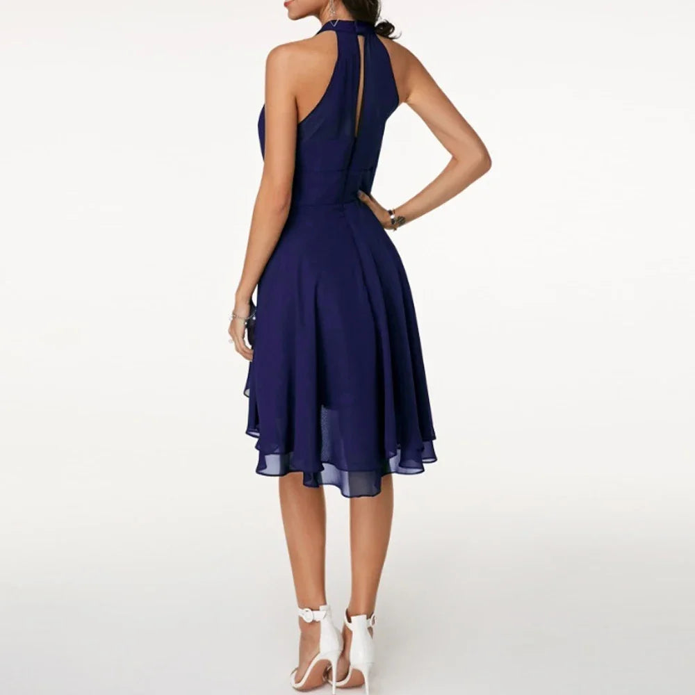 Elegant Solid Color, High Waist, Halter Top, Sleeveless Midi Dress with Cropped Layered Chiffon Slimming Dresses - Just The Fly Way