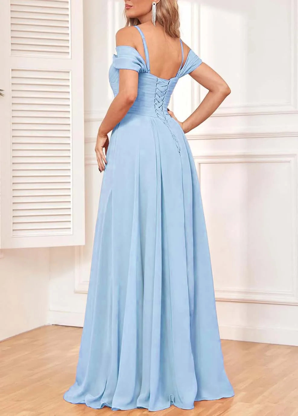 Off The Shoulder, Formal Chiffon Pleated Formal Long Length Evening Gown Customizable - Just The Fly Way