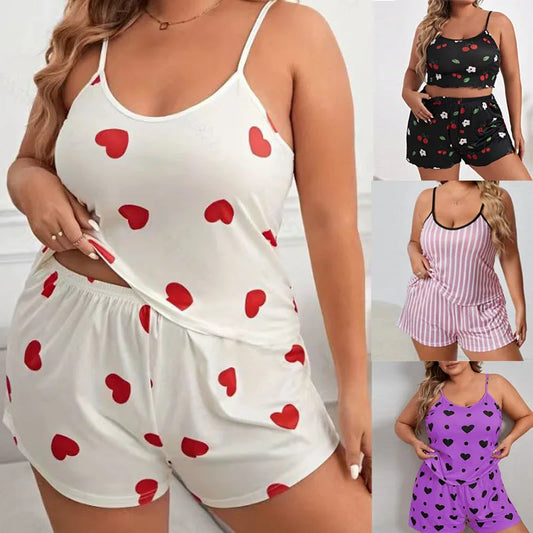 The Flirty and Cute Plus Size Printed Women's 2-piece Sleeveless Pajama Shorts Set In Multiple Colors and Sizes 1XL-5XL - Just The Fly Way