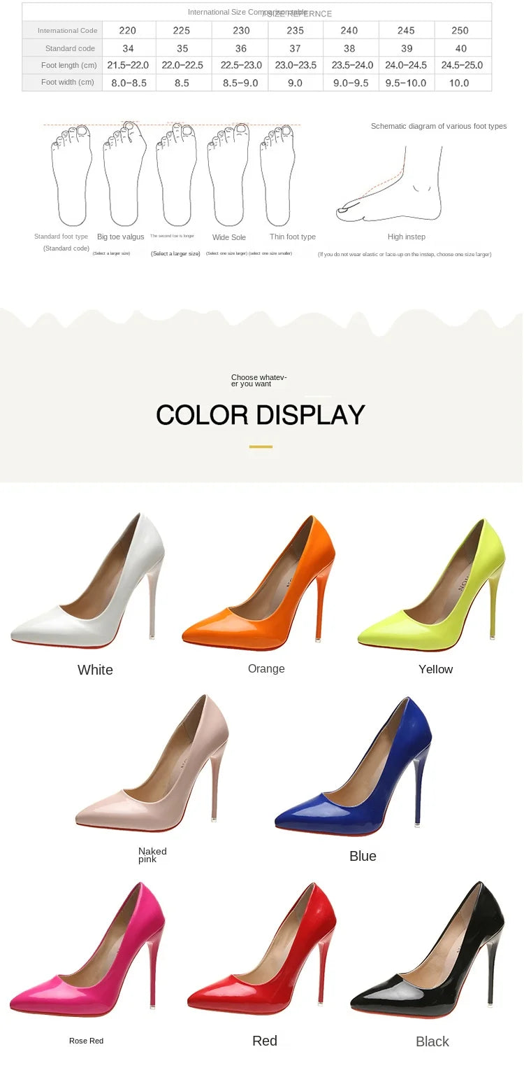 Fashionable, Bold and Beautiful DressTemperament 12cm Super High Thin Heels Shoes Women Pumps Pointed Toe Colorful Patent Leather Stiletto Wedding Shoe Size 45