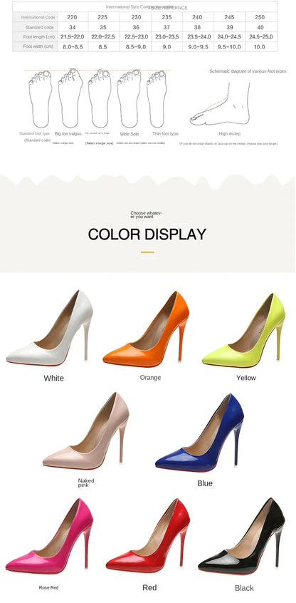 Fashionable, Bold and Beautiful DressTemperament 12cm Super High Thin Heels Shoes Women Pumps Pointed Toe Colorful Patent Leather Stiletto Wedding Shoe Size 45