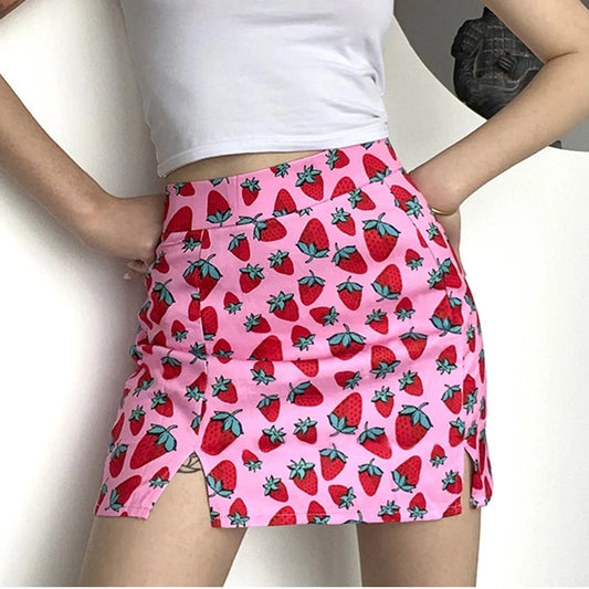 Bohemian Skirt Female Wrap Hip Strawberry Printing High Split Slim Fit Skirt Ladies High Slit Wrap Hip A-Line Skirt New Chic - Just The Fly Way