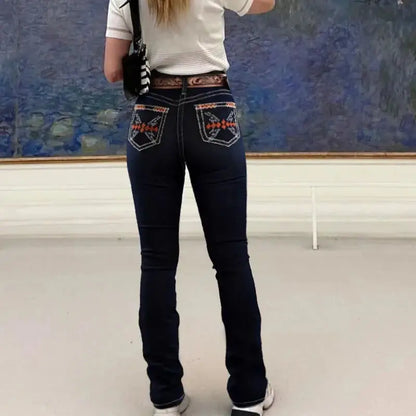 High-Rise Stretch Flare Denim Rhinestone Embroidery Jeans for Casual or Dressy Occasions - Just The Fly Way