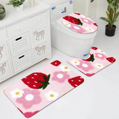 Charming Three-Piece Strawberry Bathroom Rug Set for a Delightful Decor Upgrade - Just The Fly Way