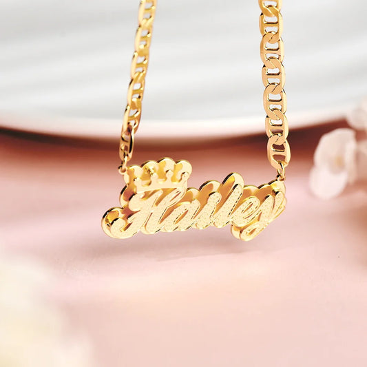 Fashionable, Bold and Beautiful DressCustom 3D Name Necklace with Crown Personalized Double Layer Pendant Flat Chain Stainless Steel Jewelry For Women - Just The Fly Way