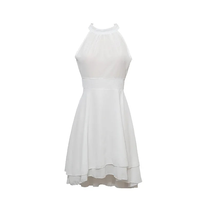 Elegant Solid Color, High Waist, Halter Top, Sleeveless Midi Dress with Cropped Layered Chiffon Slimming Dresses - Just The Fly Way