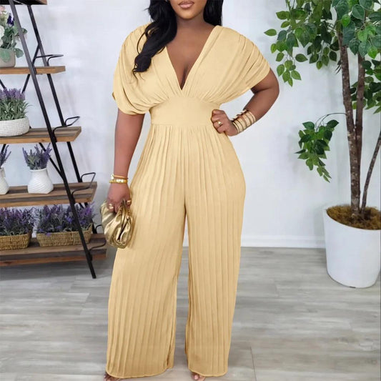 Elegant V-neck Solid Color Fashion Pleated Wide leg Jumpsuit, Pants Romper - Just The Fly Way