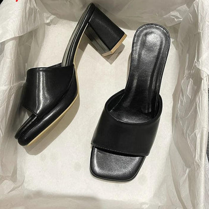 Women's Slide Shoes With Chunky Heels And Peep Toe Design - Just The Fly Way