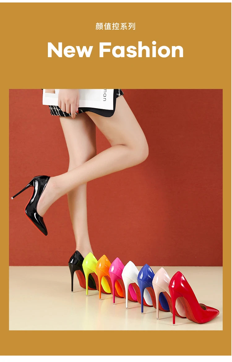 Fashionable, Bold and Beautiful DressTemperament 12cm Super High Thin Heels Shoes Women Pumps Pointed Toe Colorful Patent Leather Stiletto Wedding Shoe Size 45