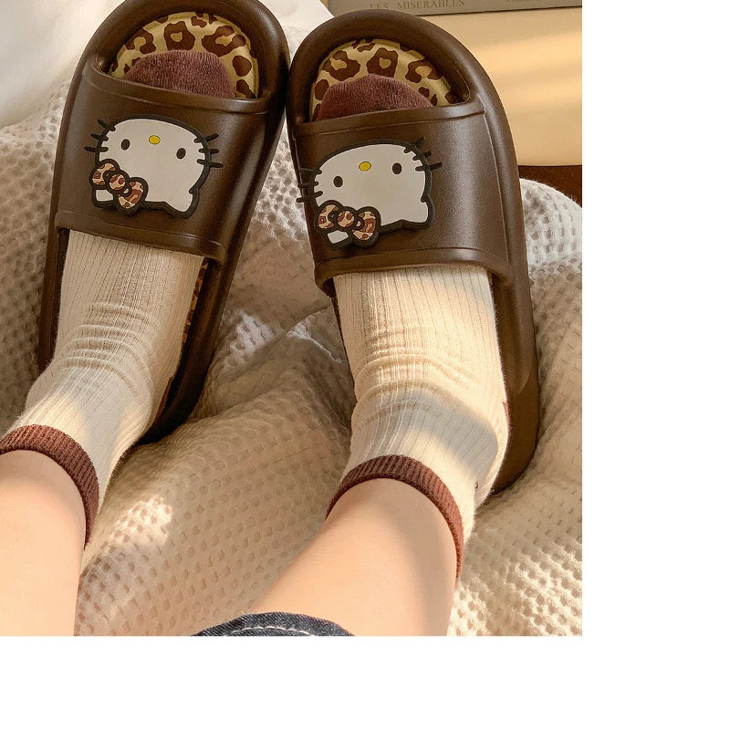 Miniso Hello Kitty Cute Leopard Print Slippers Trendy Open-Toe Slide Sandals in Chic Two-Tone Design Comfortable EVA Material