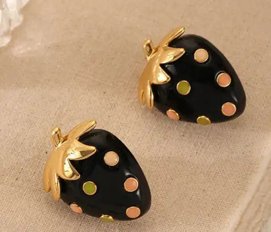 Retro Style Black and Gold Strawberry Earrings with High Quality Copper Stud - Just The Fly Way
