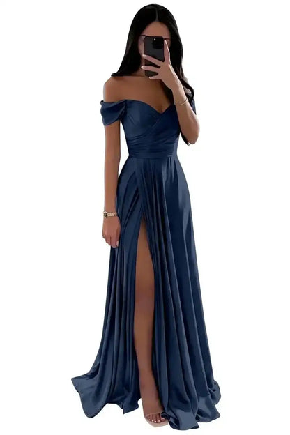 Elegant Women’s Off-the-Shoulder A-Line Evening Gown: Customized Slit Long Pleated Satin Dress