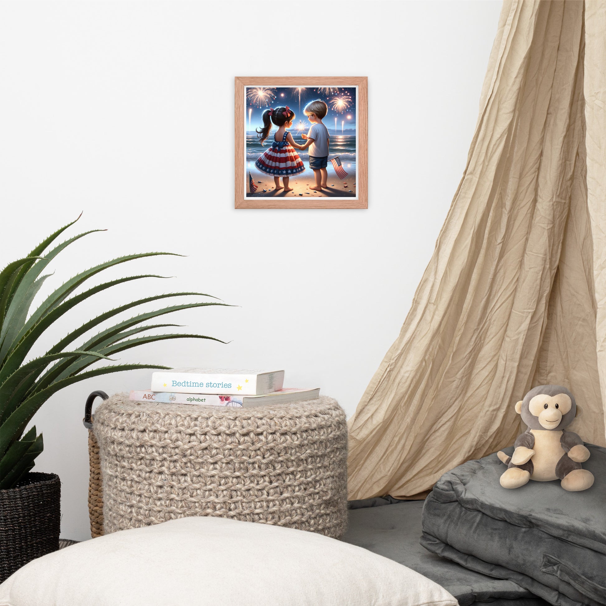 Kiddos Mesmerized by Fireworks Over the Water Framed Poster - Just The Fly Way