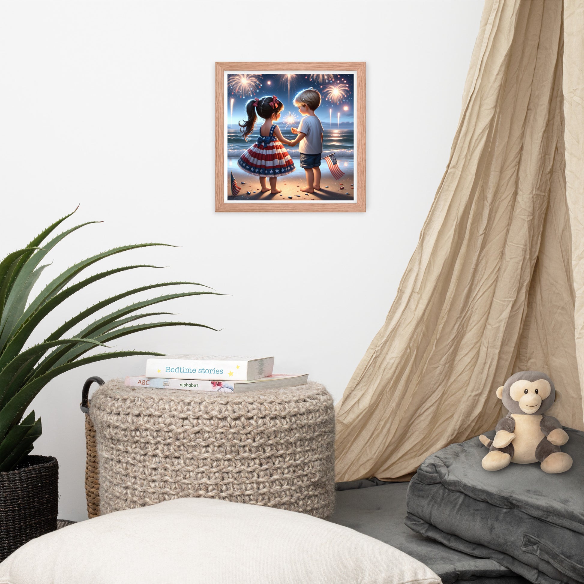 Kiddos Mesmerized by Fireworks Over the Water Framed Poster - Just The Fly Way