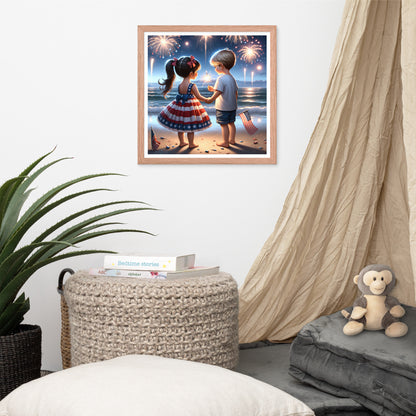 Kiddos Mesmerized by Fireworks Over the Water Framed Poster - Just The Fly Way