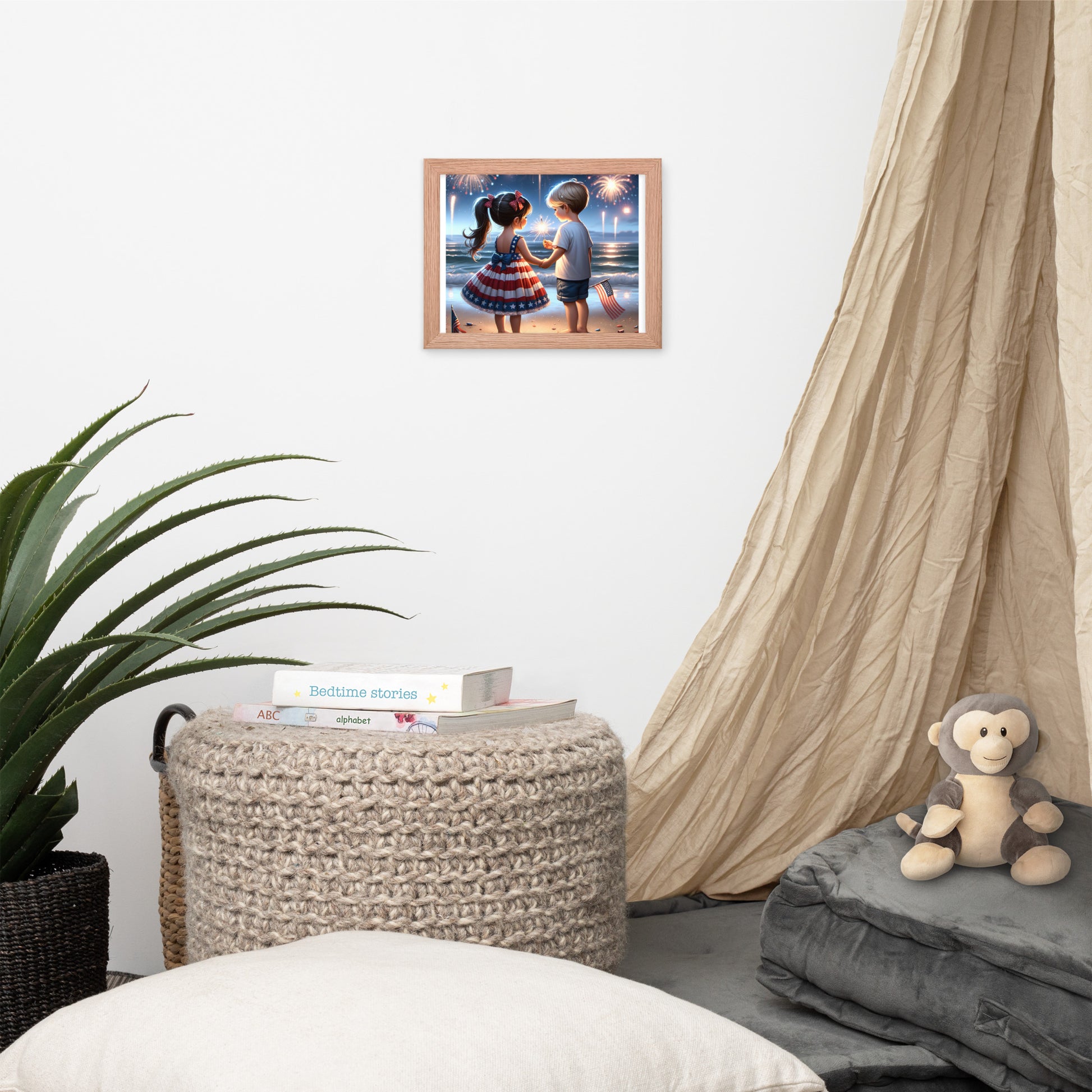 Kiddos Mesmerized by Fireworks Over the Water Framed Poster - Just The Fly Way