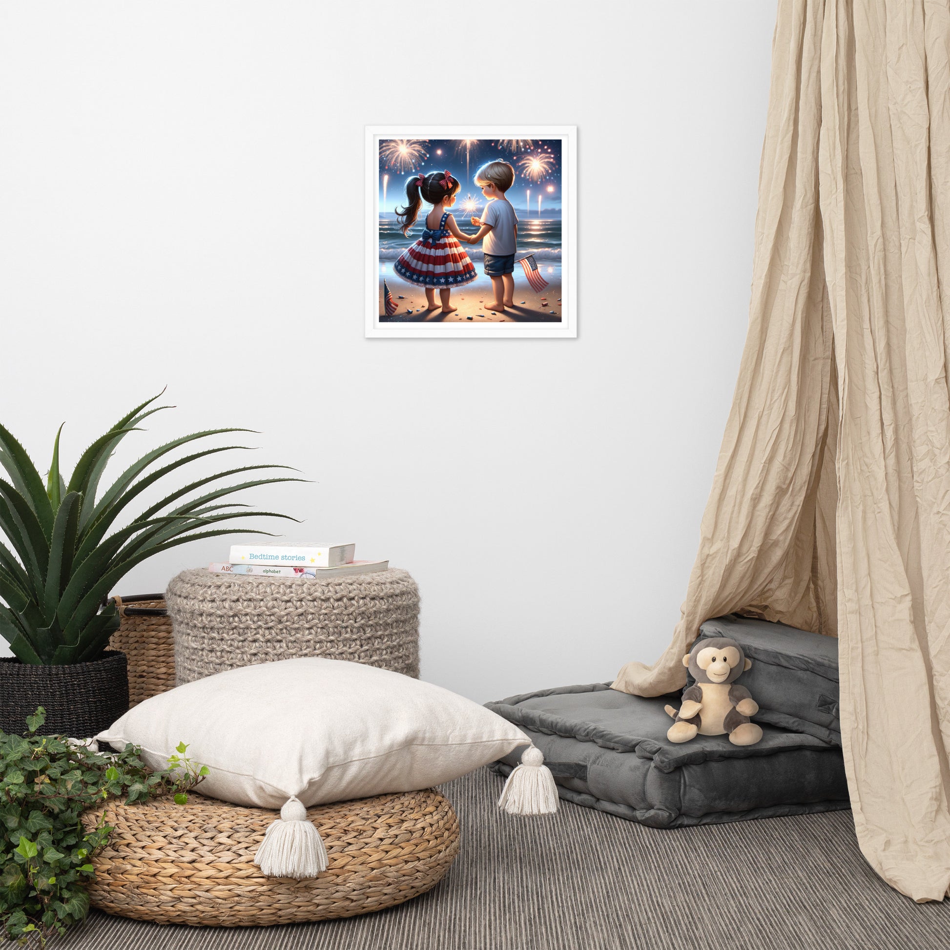 Kiddos Mesmerized by Fireworks Over the Water Framed Poster - Just The Fly Way
