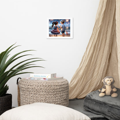 Kiddos Mesmerized by Fireworks Over the Water Framed Poster - Just The Fly Way